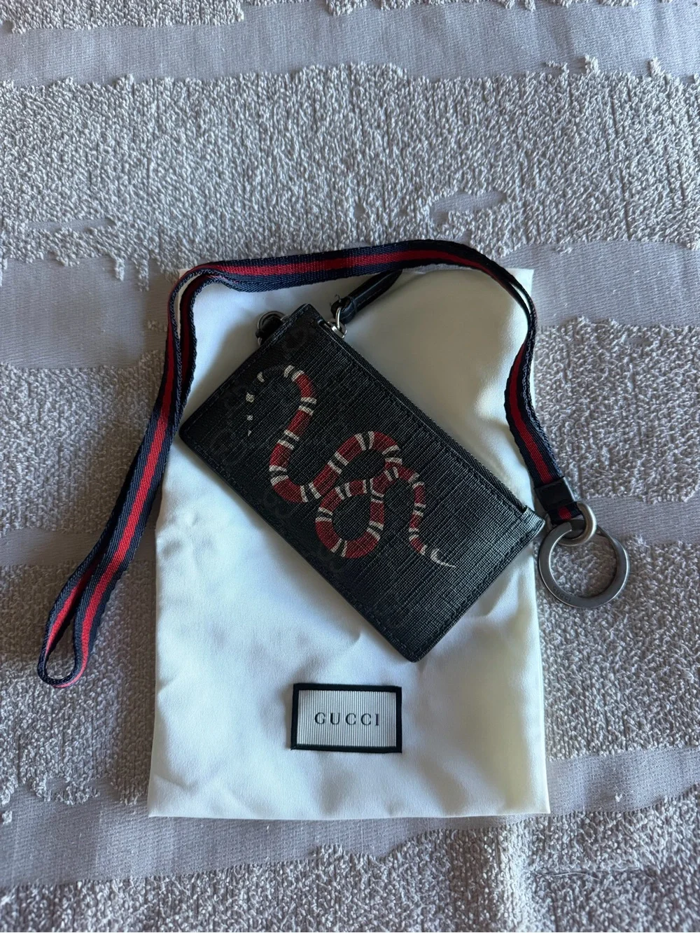 Gucci Black Card Case with Red & White Snake and Navy-Red Web Strap